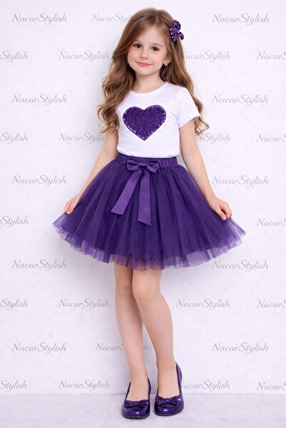 Nacar 23 Nisan 29 Ekim Gösteri Kıyafeti Payetli Kalp Detaylı Tişort Tütü Etek...