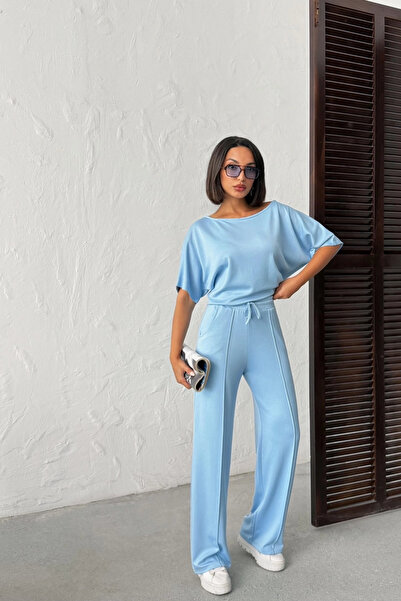 URİS Women's Summer Blue Soft Bat Sleeve Blouse with Tie Waist Wide Leg Two-P...