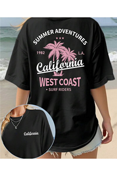 SUNFREE California Back Printed Crew Neck Short Sleeve Oversize Black Tshirt