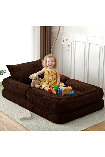 foamly Trend Kahverengi Fitilli Kadife Modüler Çocuk Oyun Minderi Ve Yatağı T...
