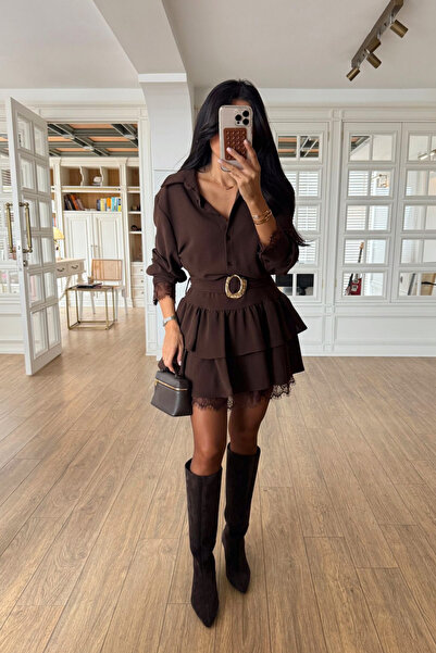 MOZENA Fusta cu cataramă dantelă cu detalii cu volane rochie tip cămașă