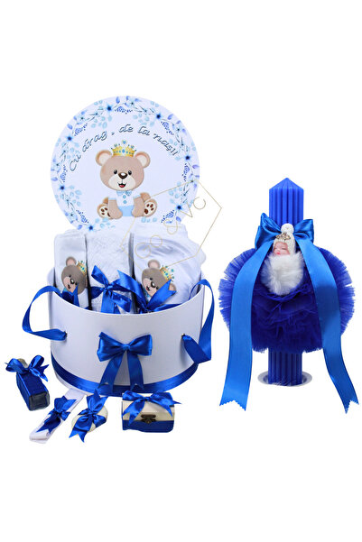 GoVo Kids Trusou botez cu lumanare, Baietel, 9 piese, Ursulet, Bleu – Set com...