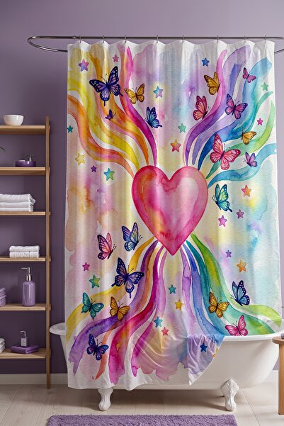 EVPANYA Perdeau de baie, inimă roz și fluturi cu model perdele de duș, perdea...
