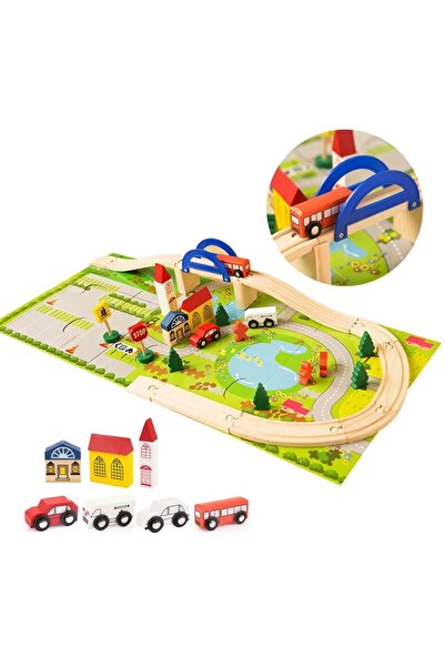 tinymaya Ahşap 40 Parça Eğitici Araba Yolu Seti,Montessori ve STEAM Uyumlu Ya...