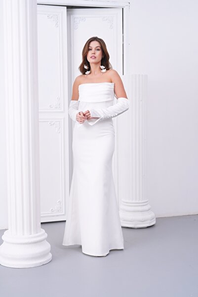 zoezoe SATEN DÜĞMELİ TAKMA KOLLU DRAPELİ STRAPLEZ YAKA UZUN DÜĞÜN DAVET/BALO/...