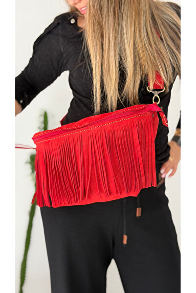 Tuvita Collection Bodrum %100 Gerçek Süet Deri El Yapımı Kadın Püsküllü Kırmı...