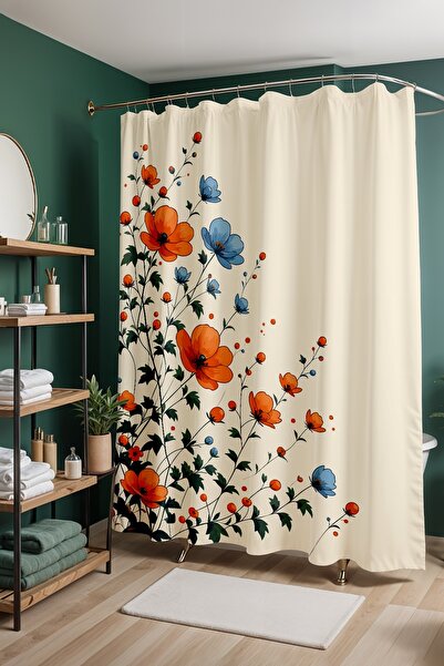 EVPANYA Bathroom Curtain, Orange and Blue Flowers Patterned Shower Curtain, B...