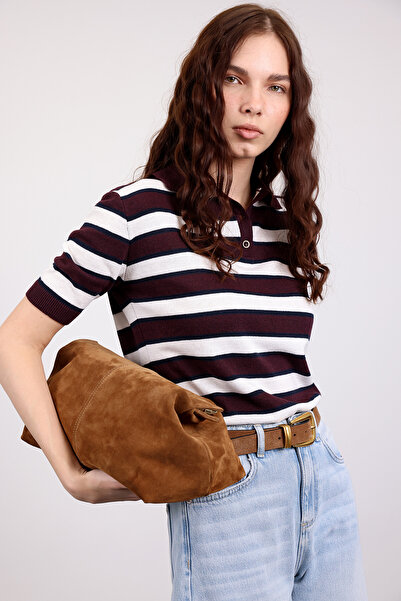 5in1Canpolat Burgundy Striped Polo Neck Short Sleeve Knitwear