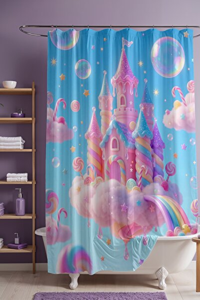 EVPANYA Perdeaua de baie, Perdeaua de dus Pink Castle cu model , Perdeaua pen...