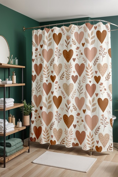 EVPANYA Κουρτίνα μπάνιου, Κουρτίνα μπάνιου σε γήινες αποχρώσεις με καρδιές Με...
