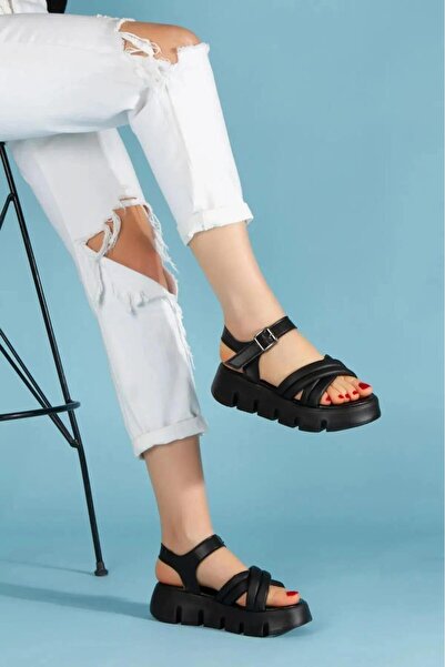 madamemuko Black Women's Leather Orthopedic Sandals Sole 4 cm