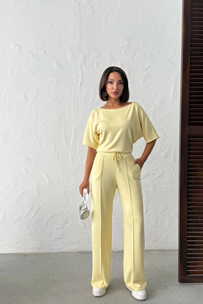 Lusin Kadın Yaz Sarısı Yumuşacık Yarasa Kol Bluzlu Beli Bağcıklı Geniş Paça İ...