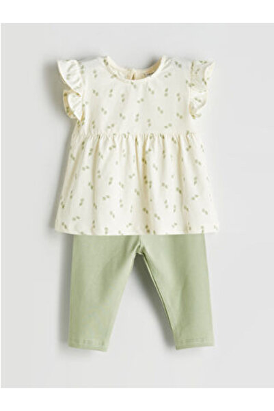 LC Waikiki بلوزة وبنطلون ليجنز بناتي مزين بالزهور برقبة دائرية من إكرو، طقم م...