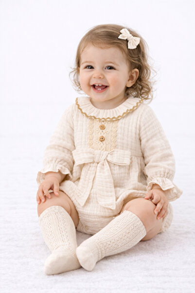 minicayzen Pearl Krem %100 Pamuk Müslin Kız Bebek Romper - Çoraplı