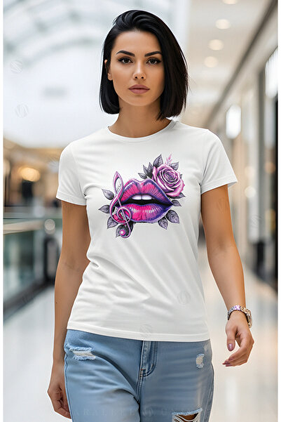 PARUNIV Women's Music Lips T-shirt, modern glam fashion, Cotton