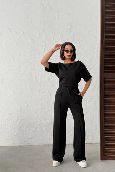 Lusin Kadın Siyah Yumuşacık Yarasa Kol Bluzlu Beli Bağcıklı Geniş Paça İkili ...