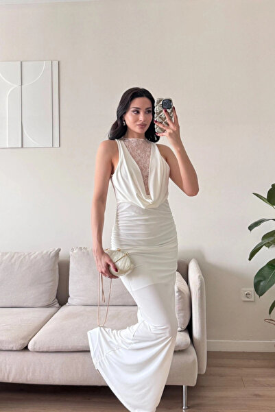 MOZENA degaje izrez Čipka Detaljna duga Naborano haljina