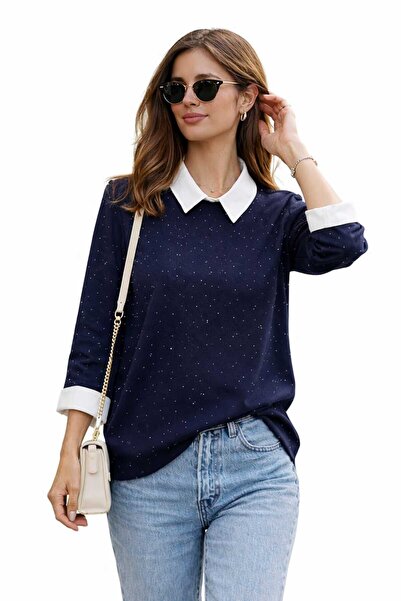 HALEY Kadın Şık Beyaz Yaka Detaylı Lacivert Bluz