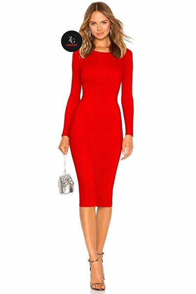 Zagrep Kadın Kırmızı Elbise Astarlı Midi Kalem Elbise
