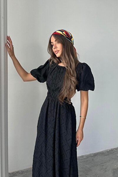 Caddebostan Moda Women's Balloon Sleeve Backless Belted Jacquard Midi Dress