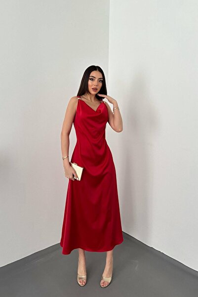 Caddebostan Moda Satin Ruffled Collar Shoulder Detailed Buckle Strap Midi Eve...