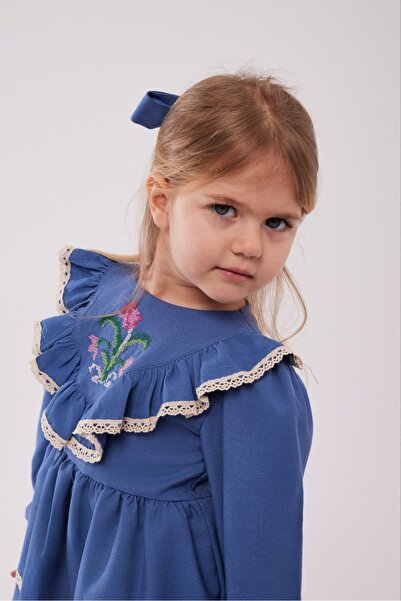TINY BEAR Floral Embroidered Blue Girls' Dress with Ruffle Detail (with Buckl...