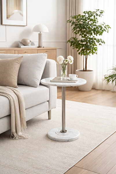 Generic Single serving table with faux marble top and round base – steel colu...