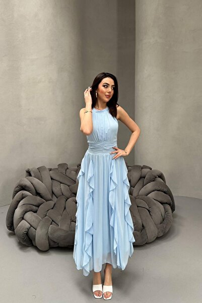 Caddebostan Moda Ruched Ruffles in Front Halter Neck Chiffon Evening Dress