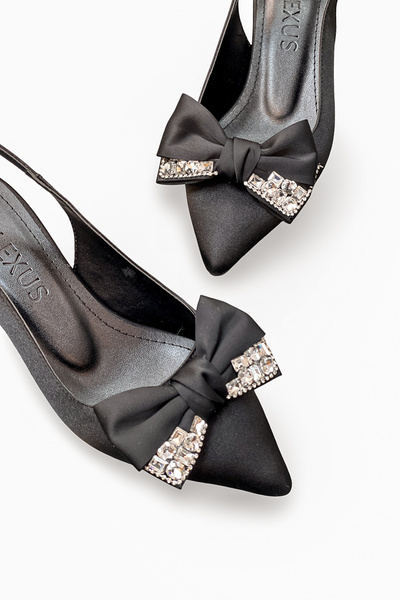 HANZE Kadın Siyah Saten Orta Topuk Stiletto Fiyonklu Yeni Sezon HK1092