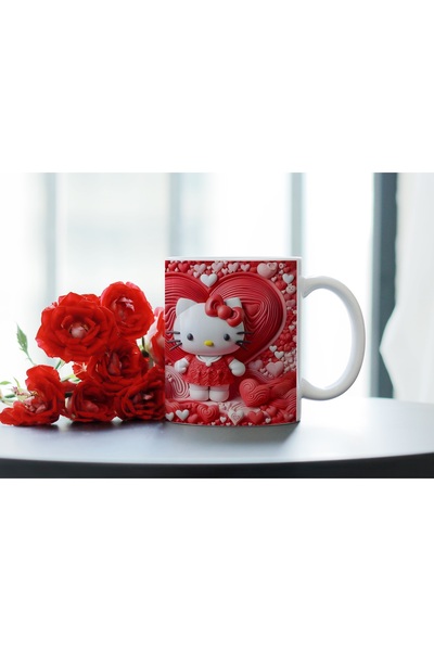 Beramussa Kırmızı Renkli Hello Kitty Detaylı Aşk Temalı Kupa Bardak - Romanti...