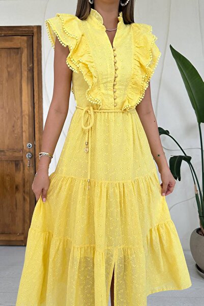 Caddebostan Moda Ruffled Buttoned Embroidered Embroidered Belted Bohemian Max...