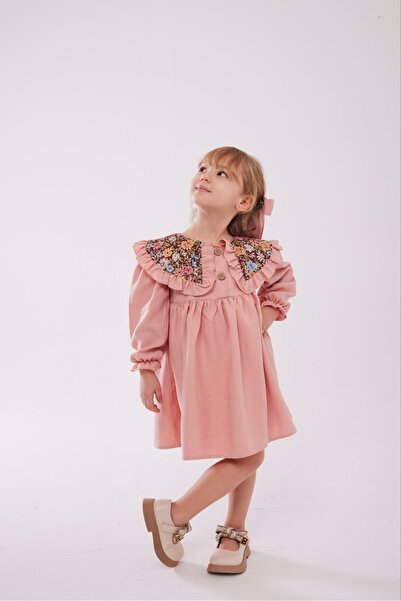 TINY BEAR Çiçek Yaka Detaylı Kız Çocuk Elbise Pembe (Toka Hediyeli)