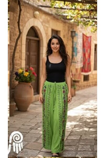 Fibula بنطلون قطني مطرز بوهيمي وأصيل بتصميم مقدس، مقاس قياسي، يتوفر بمقاسات م...