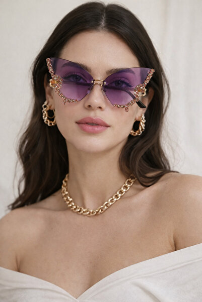 SUNA MOR CAMLI Parıldayan Taşlı Şık Kelebek Şeklinde Çerçevesiz Moda Güneş Gö...