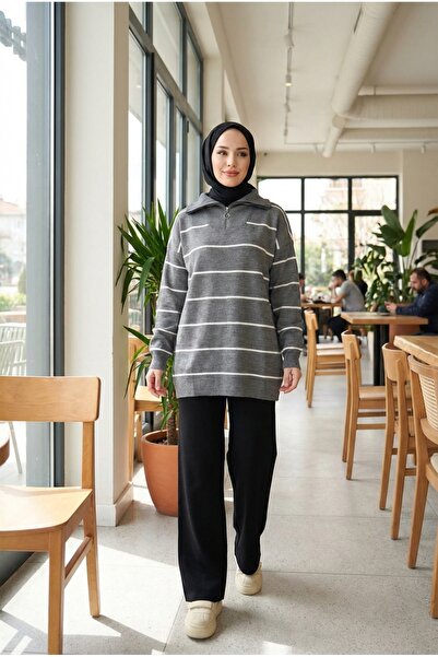 Kirazca Butik Ženska Prugasto pletena tunika sa patentnim zatvaračem