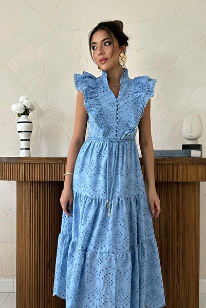Caddebostan Moda Rochie boemă maxi cu volane și nasturi, cu curea brodată, br...