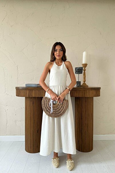 Caddebostan Moda Women's Back Detailed Dress Halter Neck Linen Summer Flared ...