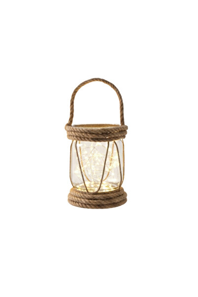 dyris Rustik Halatlı Cam Fener 20x10 cm – Pilli Peri Ledli Askılı Balkon & Ba...