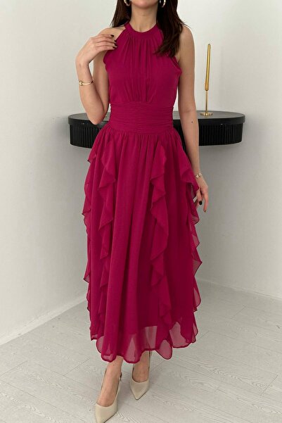 Caddebostan Moda Ruched Ruffles in Front Halter Neck Chiffon Evening Dress