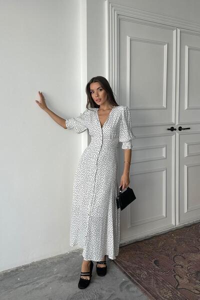 Caddebostan Moda V-Neck Polka Dot Piece Waist Belted Buttoned Dress Midi Length