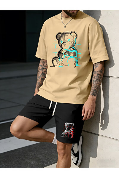 ibibik moda Bear Printed Oversize Tshirt Shorts Set