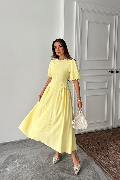 Caddebostan Moda Arkadan Tie-Detail Ruched Balloon Sleeve Linen Dress