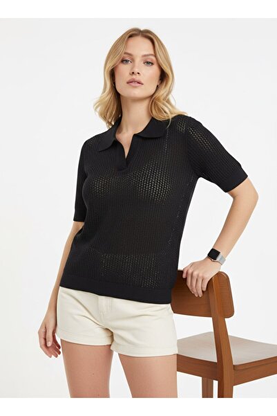 Noi Belis Πλεκτή μπλούζα με κοντό μανίκι και τρύπες στο γιακά πόλο SS26BZ0022