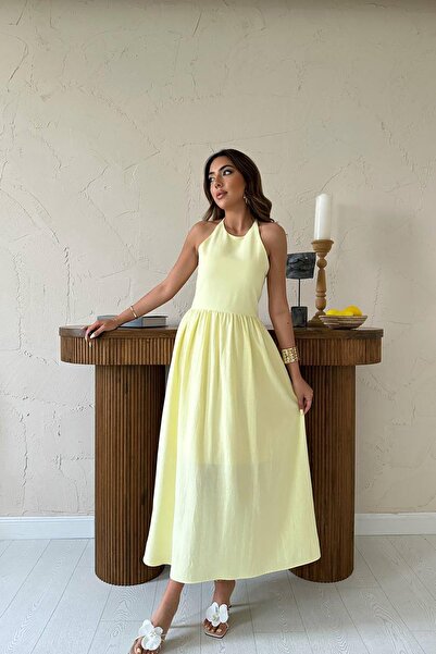 Caddebostan Moda Women's Back Detailed Dress Halter Neck Linen Summer Flared ...