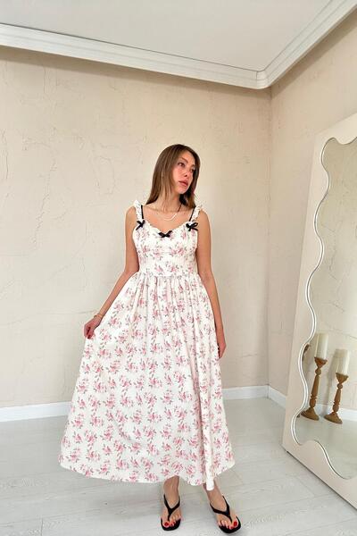 Caddebostan Moda Women's Bow Front Floral Strap Long Dress Summer Flared Dress