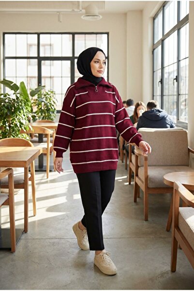 Kirazca Butik Women's Striped Zippered Knitwear Tunic Sweater