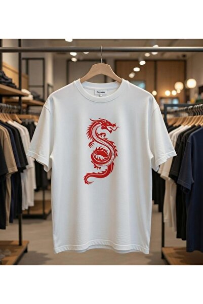 playwear Red Dragon Print Detailed Oversize T-Shirt Regular Fit 100% Cotton T...