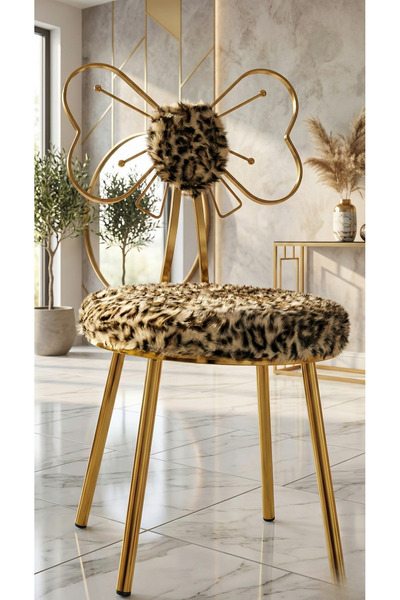 lowena home Modern Leopar Peluş Kumaşlı Kelebek Tasarım Makyaj Sandalyesi Yuv...