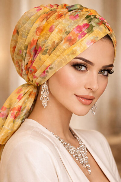 Aişe tesettür Κίτρινο Με φλοράλ μοτίβο Με αγκράφα Κόκαλο