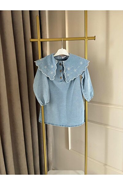 babymjuk Yakası Nakış Detaylı Çocuk Kot Elbise , Kız Çocuk Elbisesi